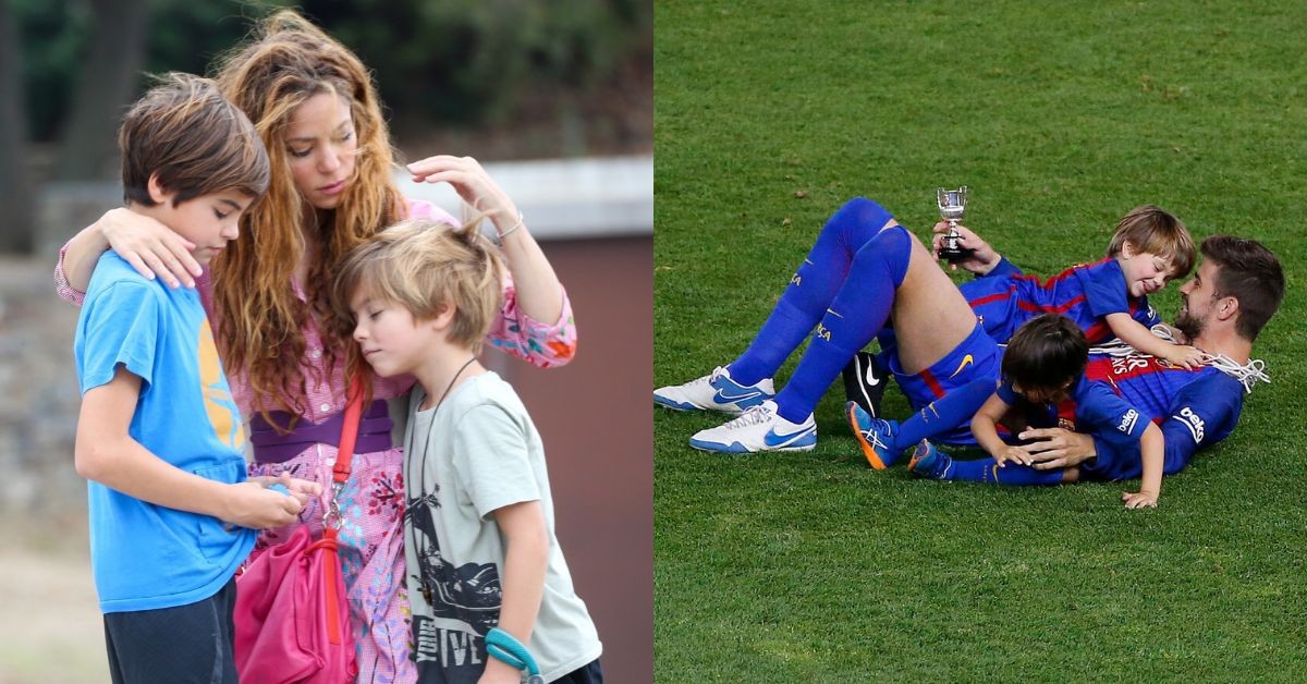 Shakira with sons Milan and Sasha on the left and Gerard Pique with sons Milan and Sasha on the right (Credits: Google)