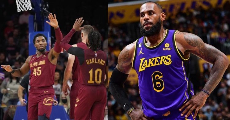 Los Angeles Lakers' LeBron James on the court and Cleveland Cavaliers' Donovan Mitchell and Darius Garland celebrating