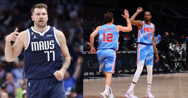 Dallas Mavericks' Luka Doncic on the court and Brooklyn Nets' Kevin Durant and Joe Harris celebrating
