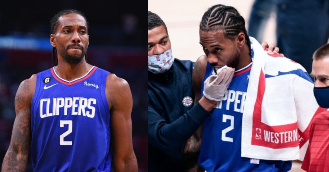 Kawhi Leonard on the court and being taken care off by Los Angeles Clippers staff