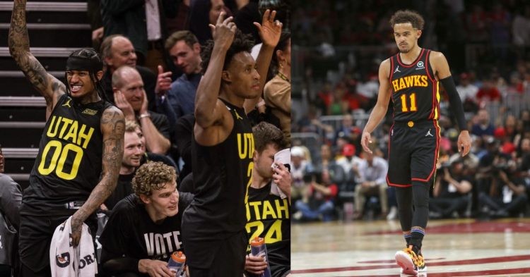 Atlanta Hawks' Trae Young on the court and Utah Jazz's Jordan Clarkson, Colin Sexton and others celebrating