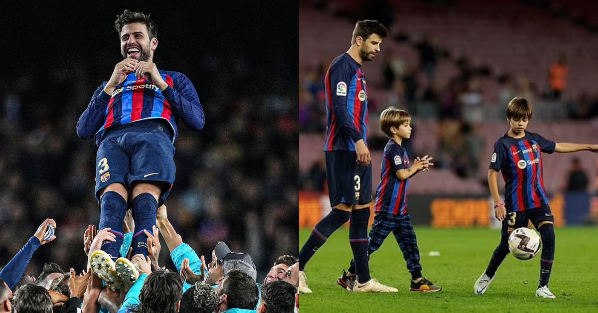 Gerard Pique being celebrated (left) and playing with his kids (right) after his farewell match (Credits Google)