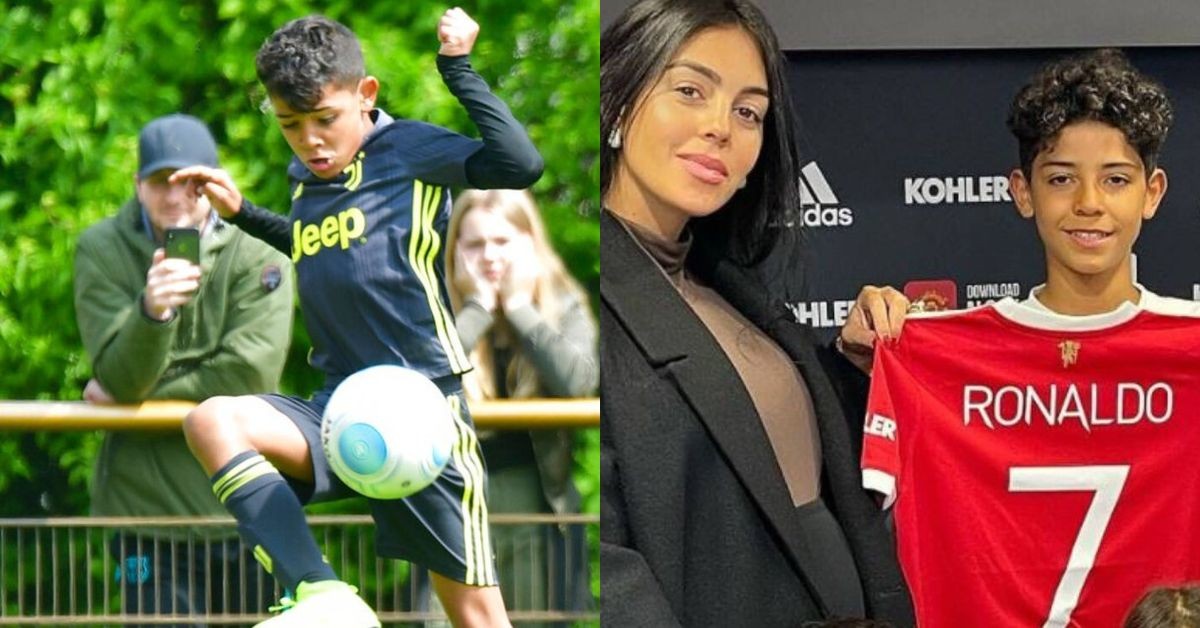 Cristiano Ronaldo Jr playing for Juventus Under 9's (left) and signing for Manchester United (right) (Credits: Google)