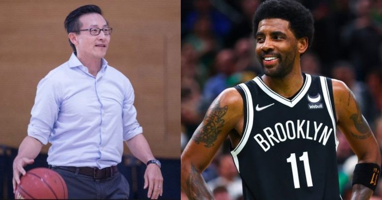 Brooklyn Nets owner Joe Tsai with a basketball and Kyrie Irving smiling