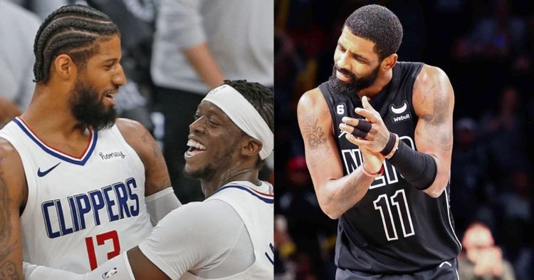 Brooklyn Nets Kyrie Irving and Los Angeles Clippers Paul George and Reggie Jackson celebrating on the court