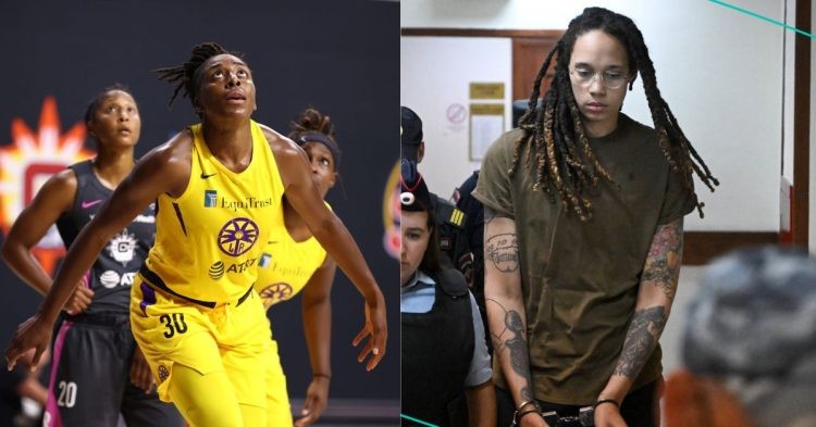 Brittney Griner being arrested and WNBPA president Nneka Ogwumike on the court