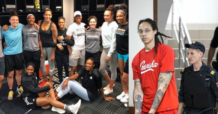 WNBA players in a group and Brittney Griner during her arrest before being moved to a Russian Penal Colony