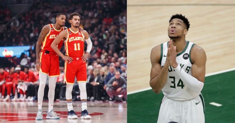 Milwaukee Bucks' Giannis Antetokounmpo and Atlanta Hawks' Trae Young and Dejounte Murray on the court