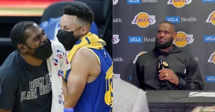 LeBron James in an interview and Stephen Curry with Kevin Durant laughing
