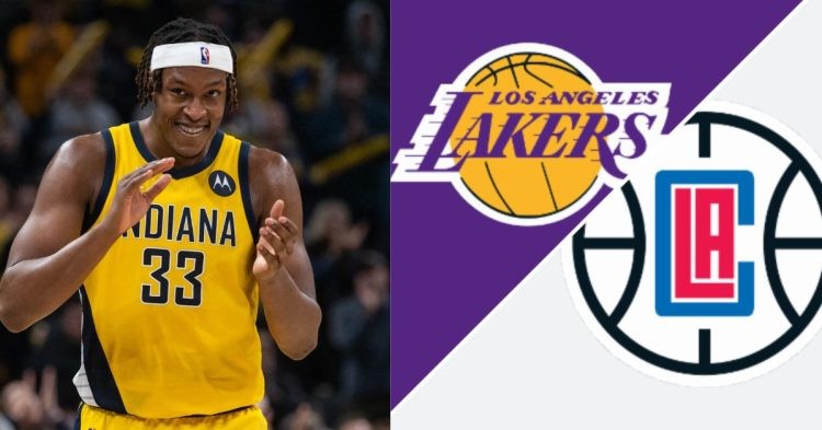 Myles Turner on the court and Los Angeles Lakers and Clippers Logos