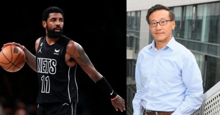 Brooklyn Nets owner Joe Tsai and Kyrie Irving on the court
