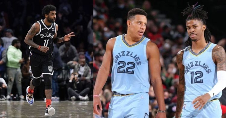 Brooklyn Nets' Kyrie Irving and Memphis Grizzlies' Ja Morant and Desmond Bane on the court