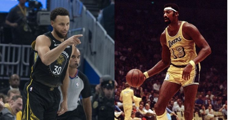NBA legends Wilt Chamberlain and Stephen Curry on the court