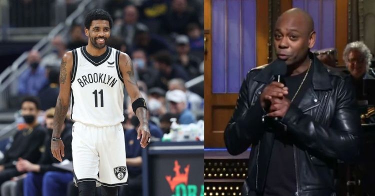 Kyrie Irving smiling on the court and Dave Chappelle during an act