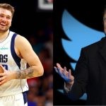 Luka Doncic on the court and Elon Musk in front of the Twitter logo