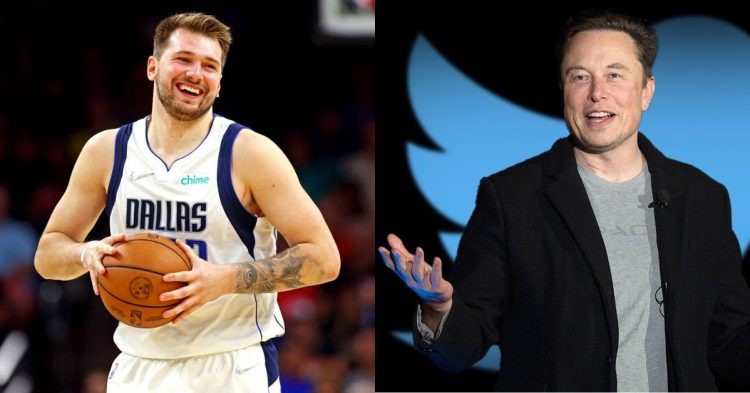 Luka Doncic on the court and Elon Musk in front of the Twitter logo