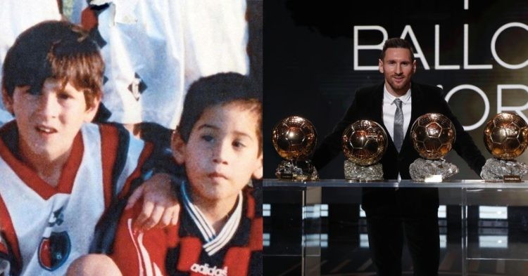 Messi at the age of 9 playing for Newelle's Old Boys (left) at the age of 32 with all his Ballons d'Or (right) (Credits: Google)