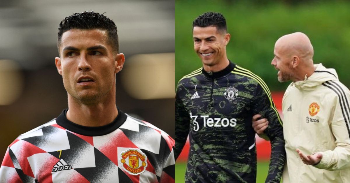 Cristiano Ronaldo during a match (left) with Erik Ten Hag during training (right) (Credits: Google)
