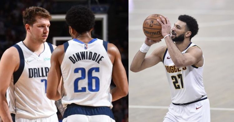Denver Nuggets' Jamal Murray and Dallas Mavericks Luka Doncic and Spencer Dinwiddie on the court
