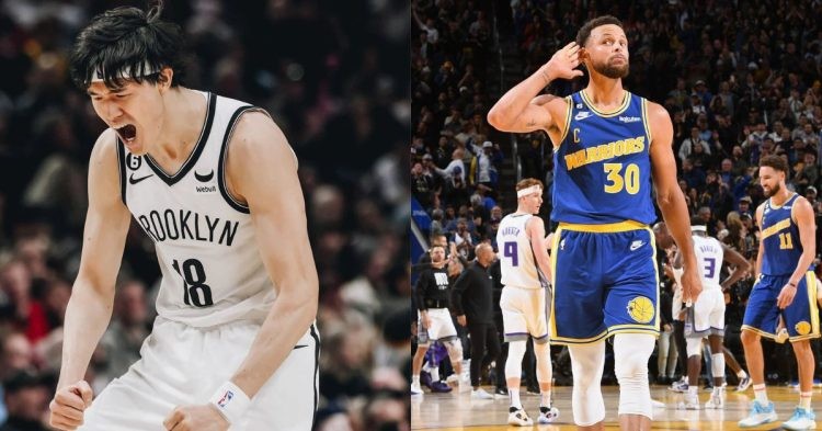 Yuta Watanabe of the Brooklyn Nets and Stephen Curry of the Golden State Warriors