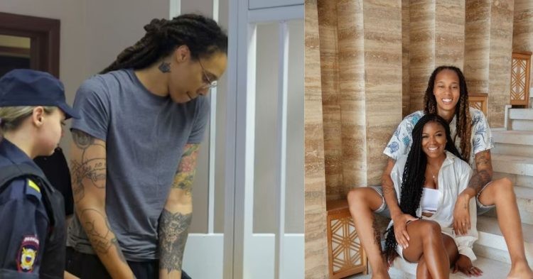 Brittney Griner sitting with her wife Cherelle Griner and her in Russian prison