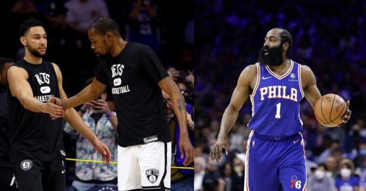 Philadelphia 76ers' James Harden and Brooklyn Nets' Kevin Durant and Ben Simmons on the court