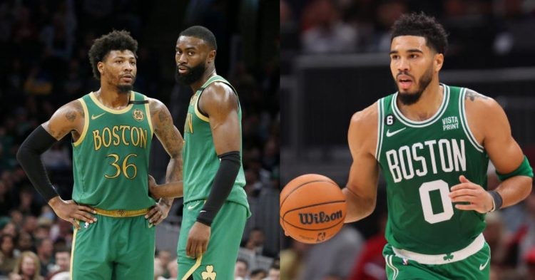 Boston Celtics stars Jayson Tatum, Jaylen Brown and Marcus Smart on the court