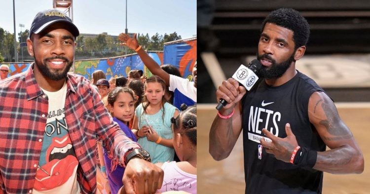 Kyrie Irving on the court and outside it in street clothes with children