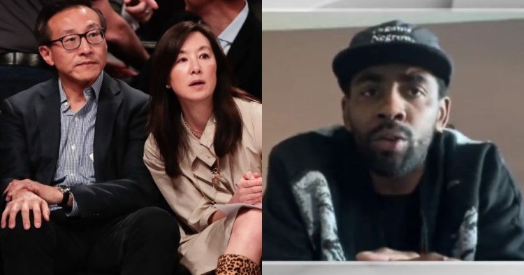 Kyrie Irving in an interview and Brooklyn Nets owner Joe Tsai with his wife Clara Wu sitting courtside