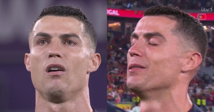 Cristiano Ronaldo tearing up during the Portuguese National Anthem