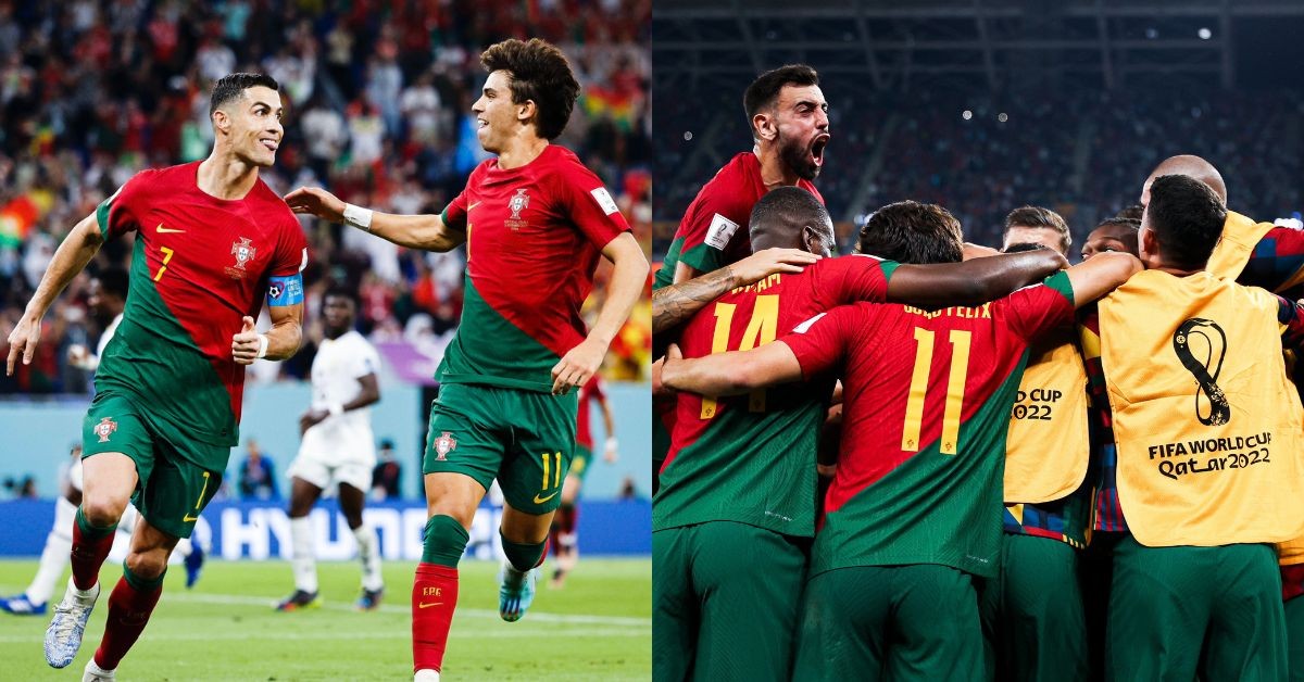 Cristiano Ronaldo after scoring his penalty (left) Portugal team celebrating (right) (Credits: Twitter)