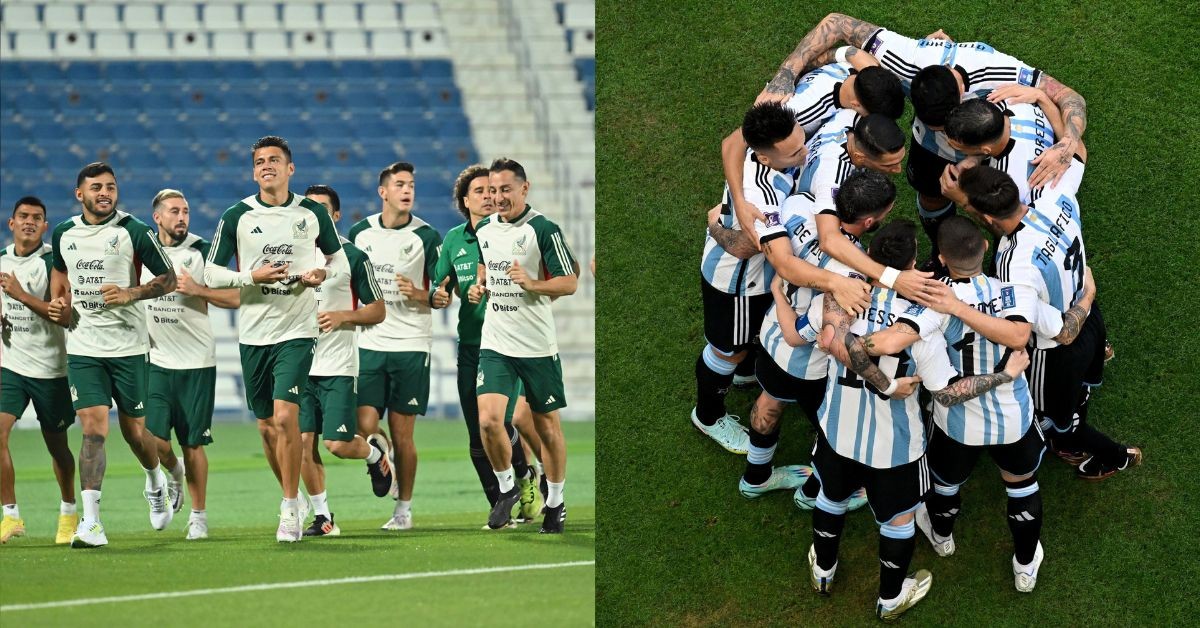 Mexico team training ahead of their World Cup match against Argentina (left) Argentina team hurdled before their match against Saudi Arabia (right) (Credits: Twitter)