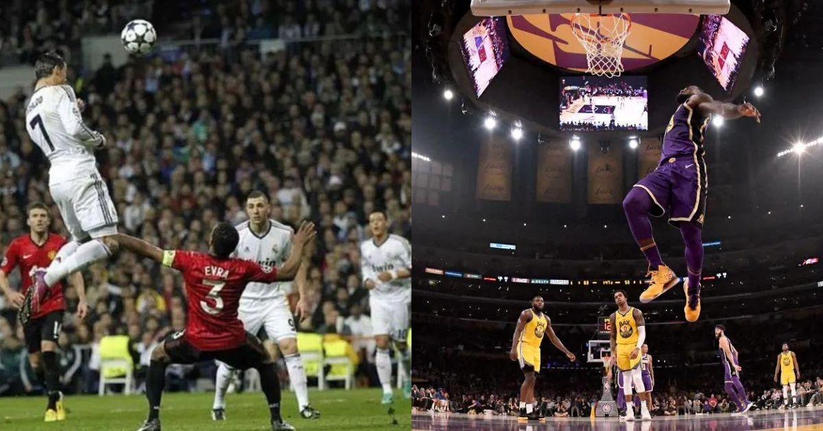 Cristiano Ronaldo jumping against Manchester United (left) Lebron James Jumping to dunk (right) (Credits: Getty images)