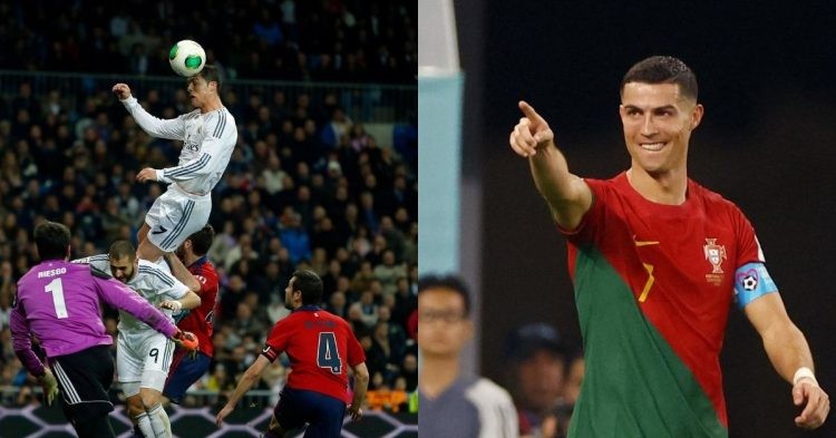 Cristiano Ronaldo jumping for Madrid (left) during Portugal vs Ghana (right) (Credits:Twitter)
