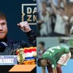 Canelo Alvarez during his fight press conference (left) Messi celebrating after Argentina's win over Mexico at the World Cup (right) (Credits: Google)