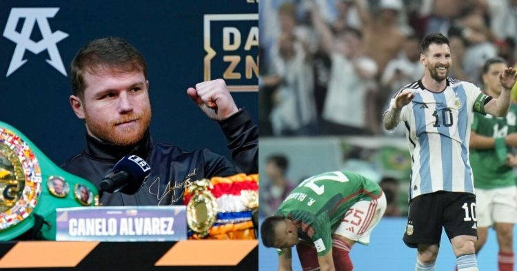 Canelo Alvarez during his fight press conference (left) Messi celebrating after Argentina's win over Mexico at the World Cup (right) (Credits: Google)