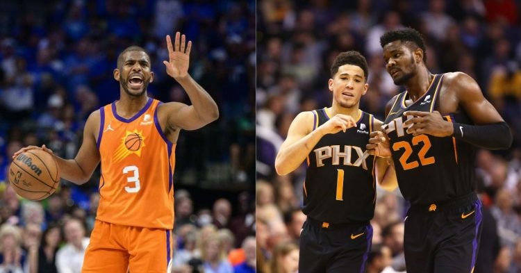 Phoenix Suns stars Chris Paul, Devin Booker and Deandre Ayton on the court
