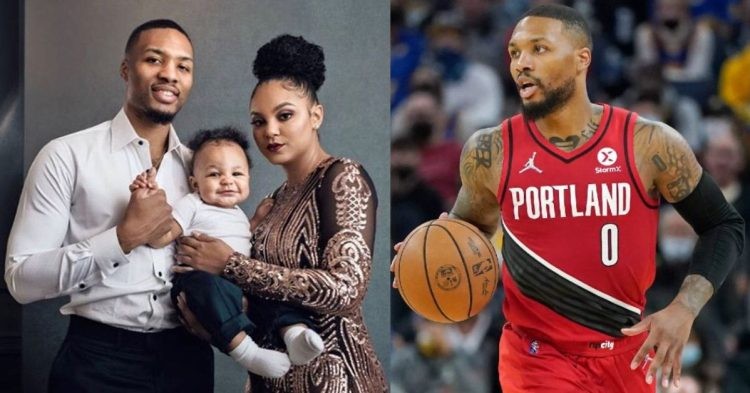 Damian Lillard on the court and with his wife Kay'la Hanson and their child