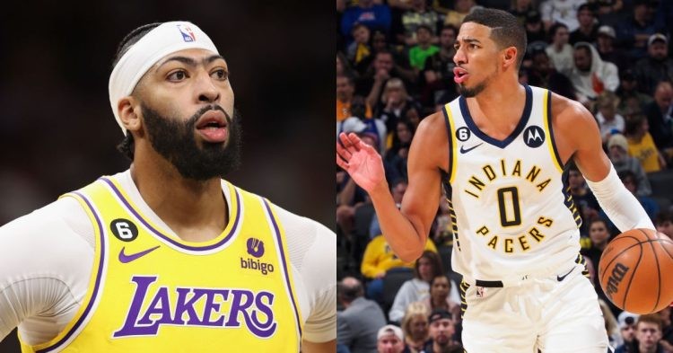 Los Angeles Lakers' Anthony Davis and Indiana Pacers' Tyrese Haliburton