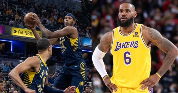 Los Angeles Lakers' LeBron James and Indiana Pacers' Tyrese Haliburton and Myles Turner on the court