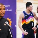 Phoenix Suns' GM James Jones in an interview and Devin Booker and Chris Paul on the court