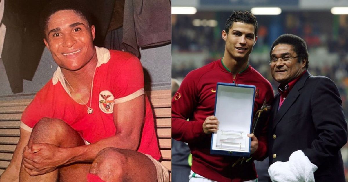 Eusebio while he used to play for SL Benfica (left) with Cristiano Ronaldo (right) (Credits: Twitter)