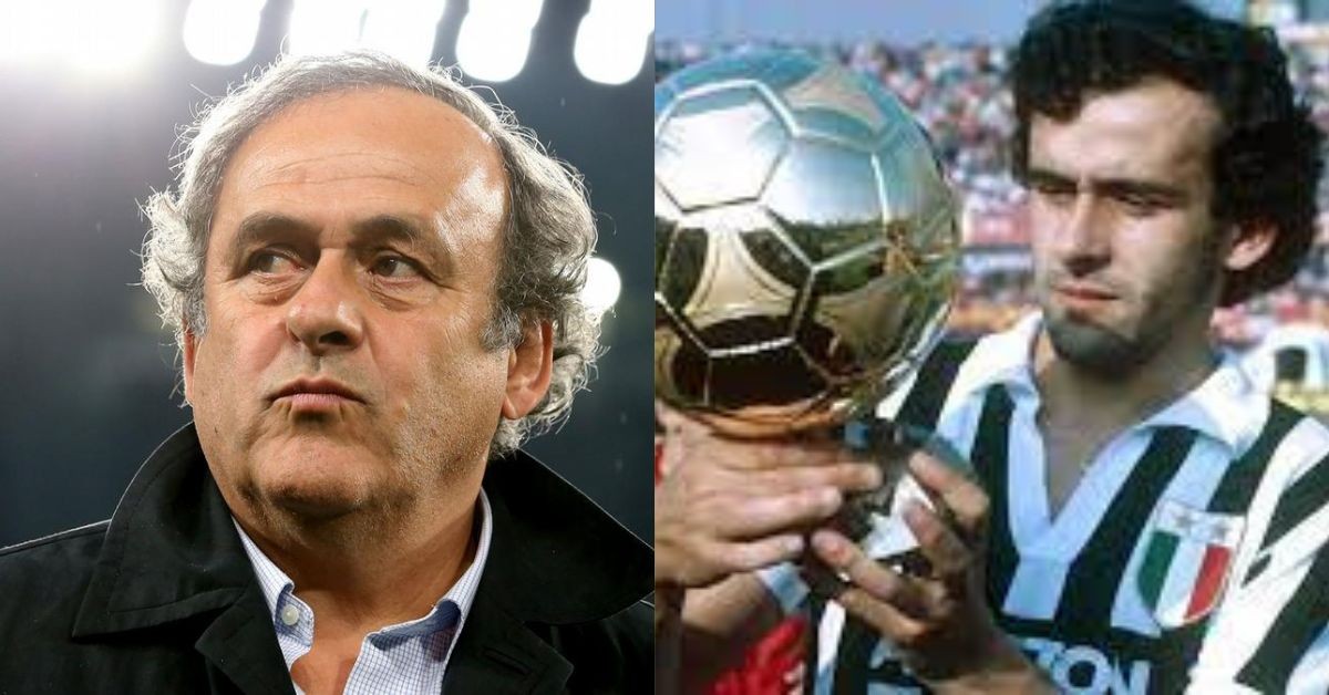 Michael Platini during the fraudulent Qatar world cup investigation (left) and with his Ballon d'Or (right) (Credits: Google,Twitter)