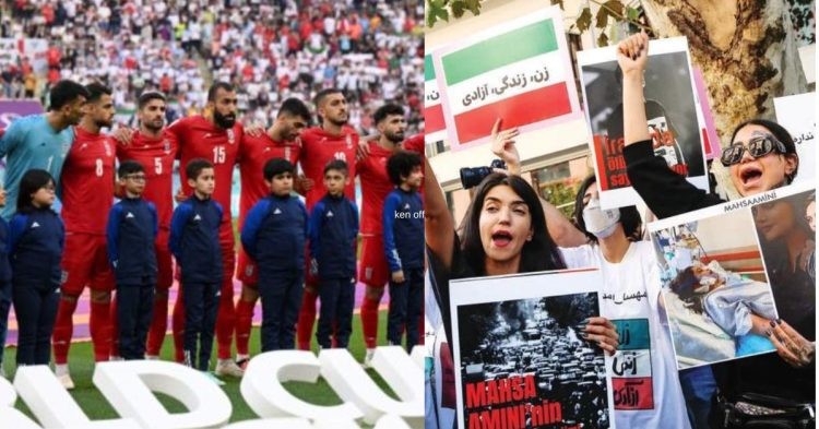 The Iran soccer team ahead of their match against England (left) Ongoing protests against the Tehran regime in Iran (right)