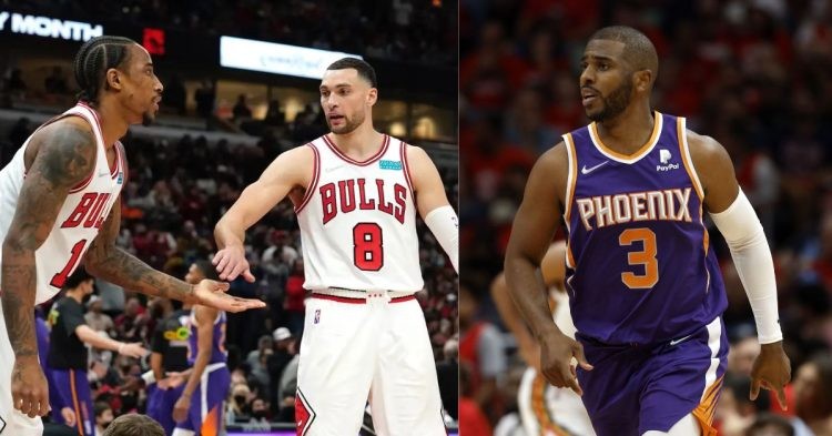 Phoenix Suns' Chris Paul and Chicago Bulls' Zach LaVine and DeMar DeRozan on the court