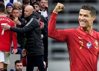 Cristiano Ronaldo with his former coach Erik ten Haag (left) Cristiano Ronaldo celebrates after scoring for Portugal