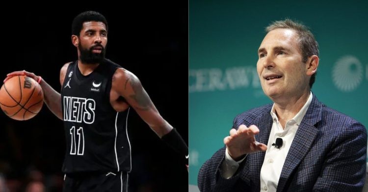 Amazon CEO Andy Jassy in an interview and Kyrie Irving on the court