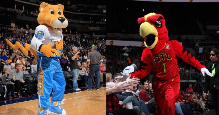 NBA Mascots Rocky the Mountain Lion and Harry the Hawk on the court