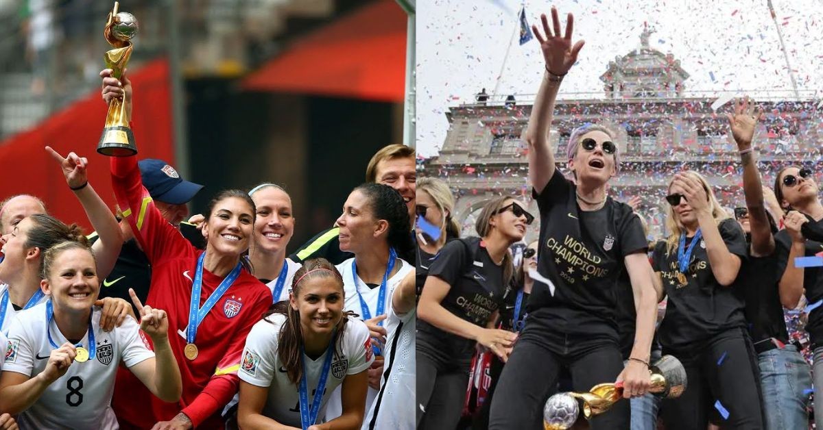 USWNT celebrating their World Cup win in 2015 (left) and in 2019 (right) (Credits: Twitter)