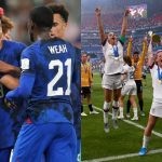 USMNT celebrating their World Cup win against Iran (left) and USWNT celebrating their World Cup win in 2019 (right) Credits: Google)